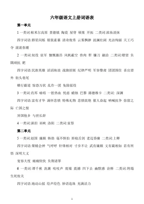 语文6年级上册词语表