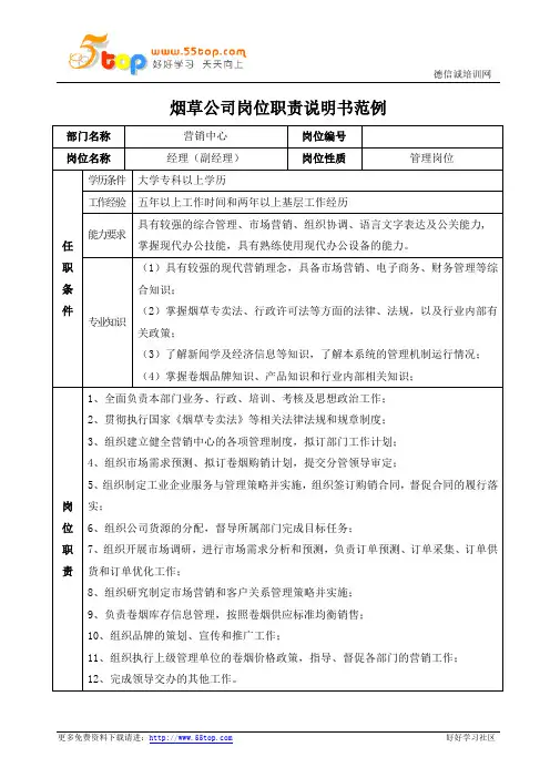 烟草公司营销中心经理岗位职责说明书