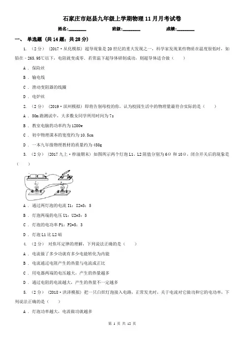 石家庄市赵县九年级上学期物理11月月考试卷