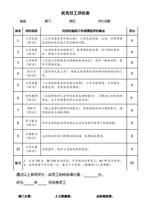 优秀员工评价表