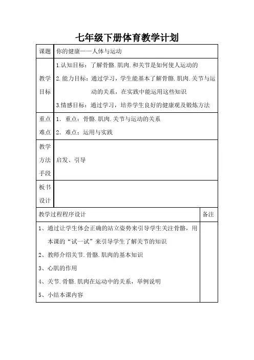 初一七年级体育下册全册教案