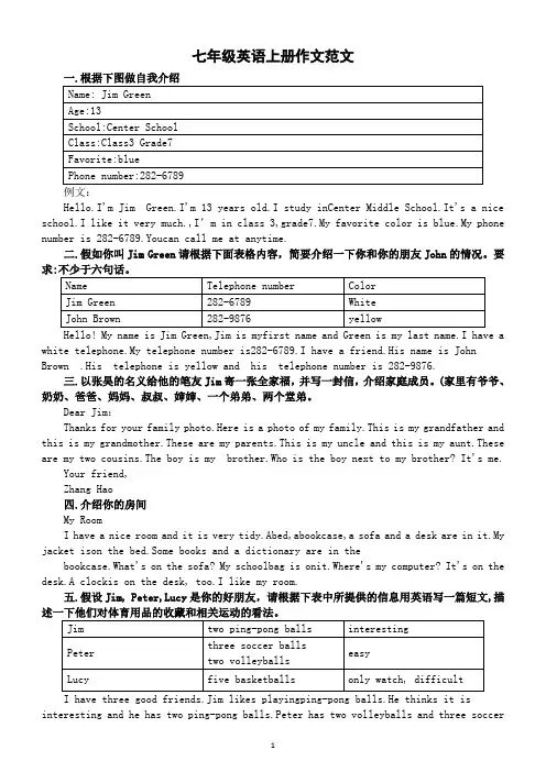 初中英语人教新目标七年级上册全册作文范文汇总