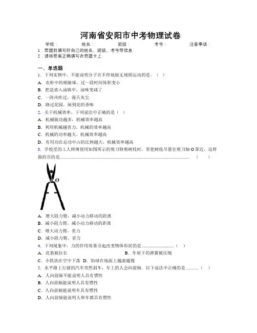 最新河南省安阳市中考物理试卷附解析