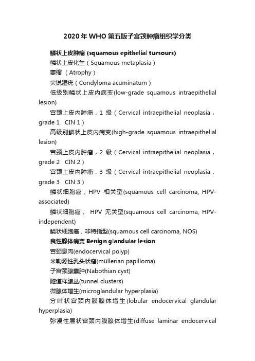 2020年WHO第五版子宫颈肿瘤组织学分类