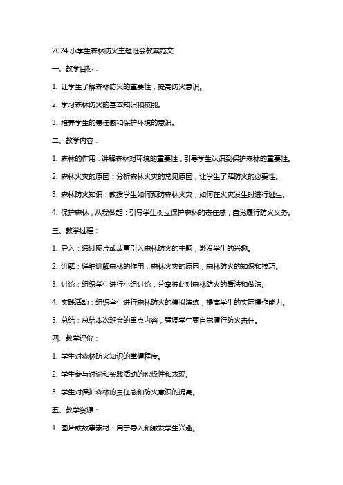 2024小学生森林防火主题班会教案范文