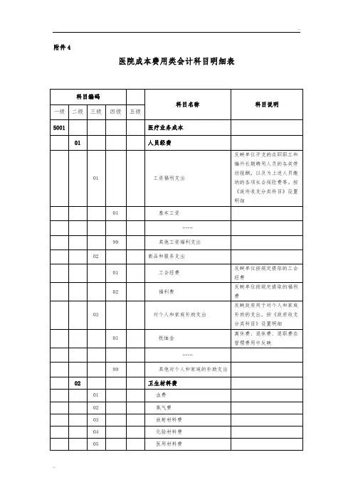 医院成本费用类会计科目明细表