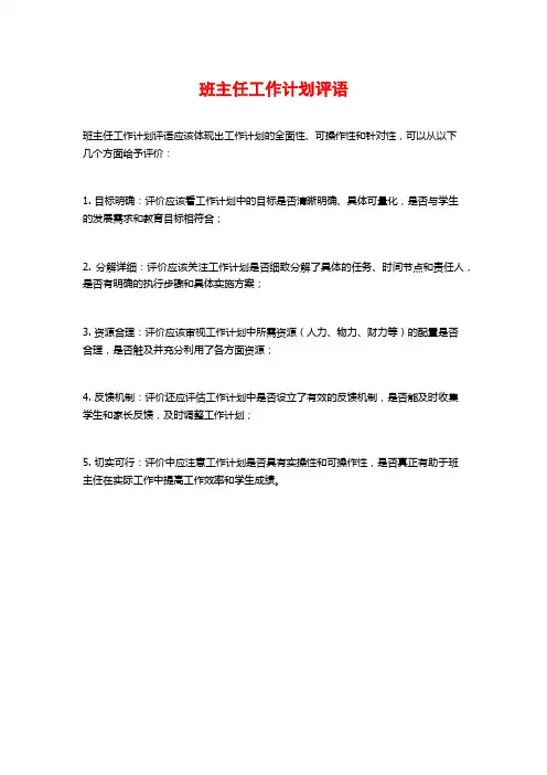 班主任工作计划评语