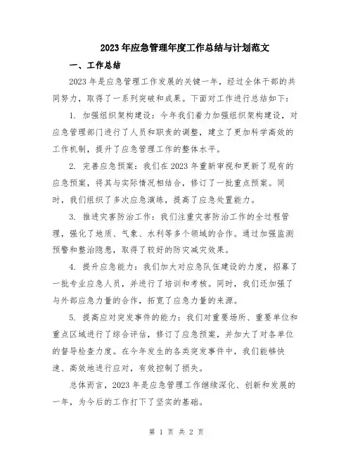 2023年应急管理年度工作总结与计划范文
