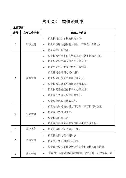 费用会计岗位说明书