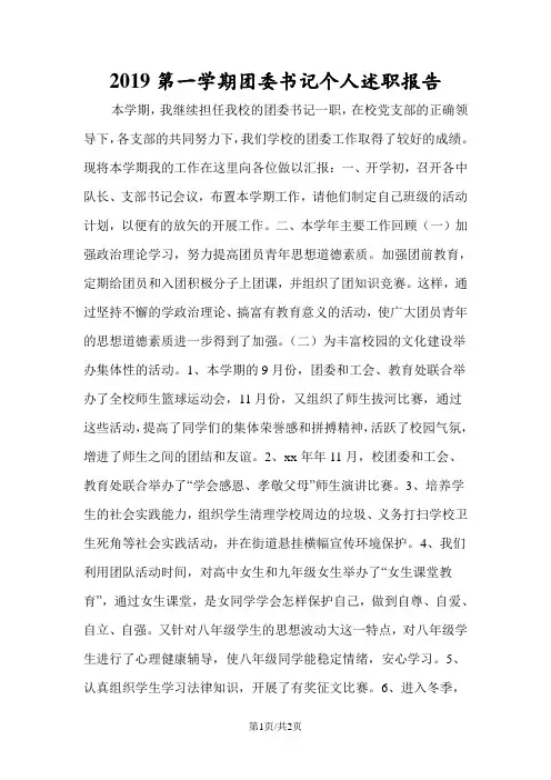 2019第一学期团委书记个人述职报告