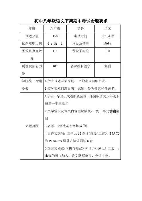 初中八年级下期语文半期语文考试范围命题要求表