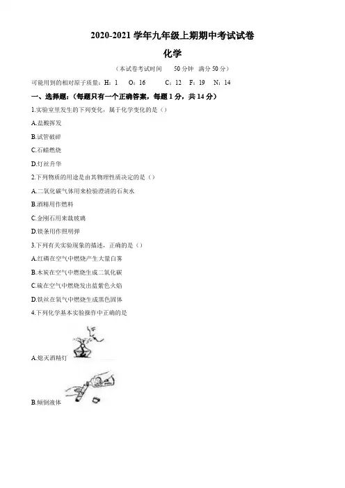 河南省2020-2021年九年级化学上期期中试卷