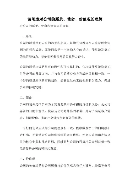 请阐述对公司的愿景、使命、价值观的理解