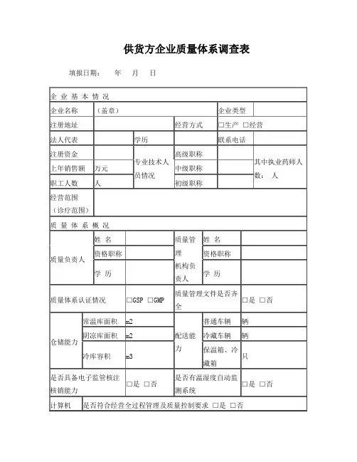 供货方企业质量体系调查表