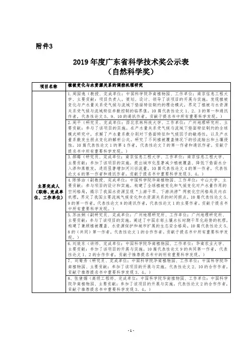 2019年度广东省科学技术奖公示表(自然科学奖)