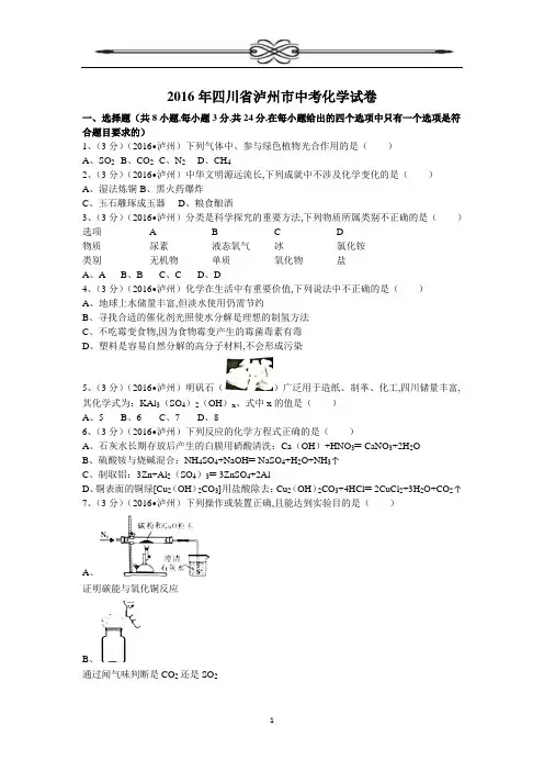 2016年四川省泸州市中考化学试卷(含答案)