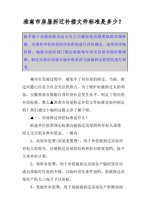 淮南市房屋拆迁补偿文件标准是多少？