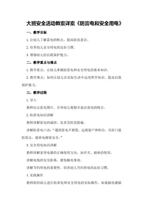 大班安全活动教案详案《防雷电和安全用电》