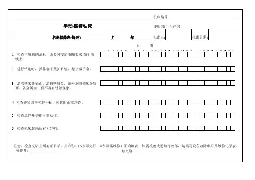手动摇臂钻床设备维护保养点检表