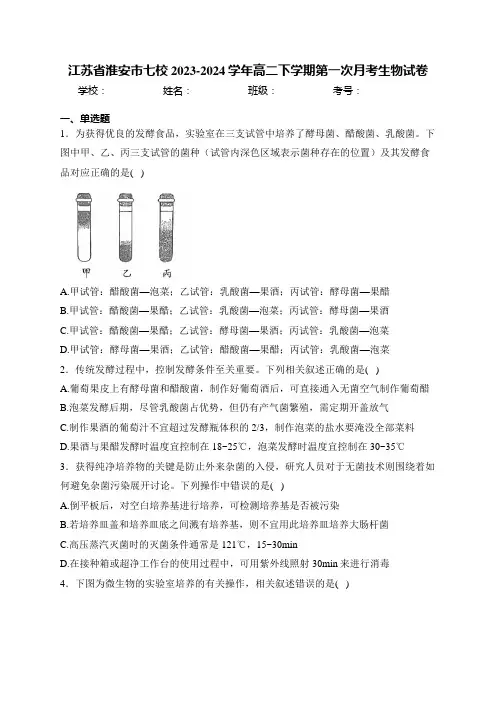 江苏省淮安市七校2023-2024学年高二下学期第一次月考生物试卷(含答案)