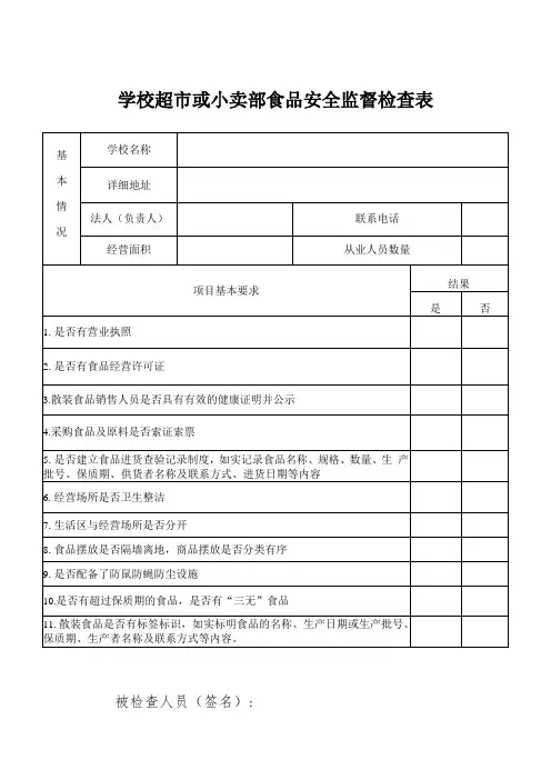 学校超市或小卖部食品安全监督检查表