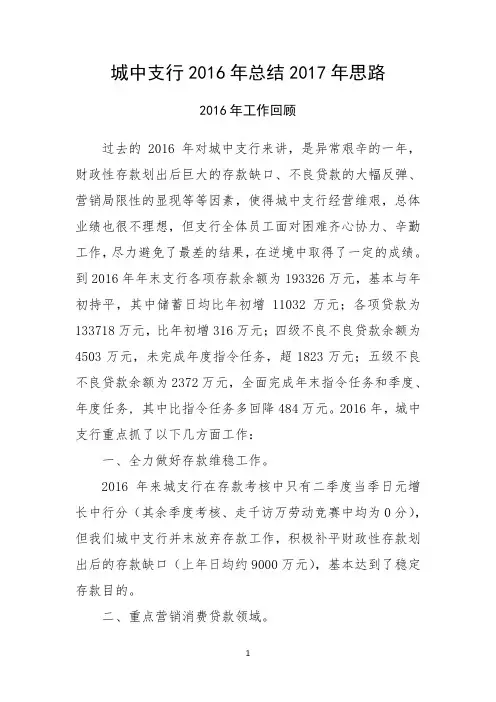 城中支行2016年工作总结及2017年工作思路