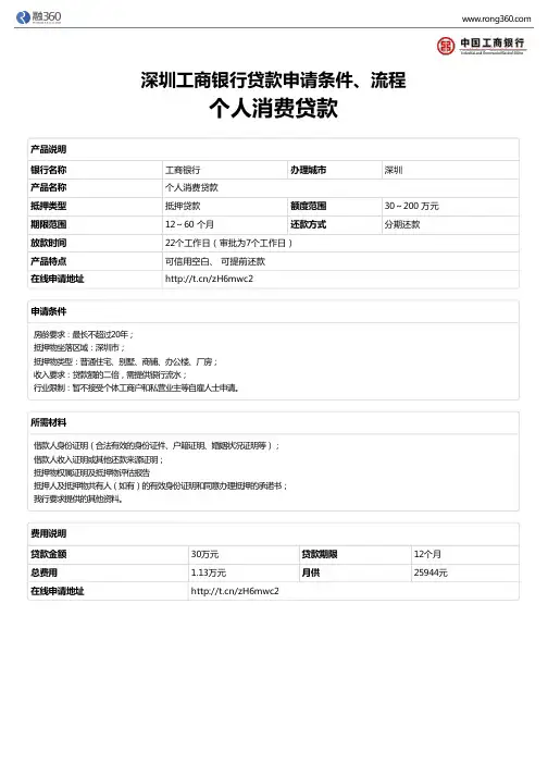 《个人消费贷款》深圳工商银行-房屋抵押贷款-申请条件、材料、流程、利率