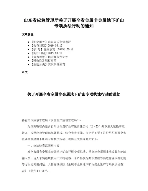 山东省应急管理厅关于开展全省金属非金属地下矿山专项执法行动的通知