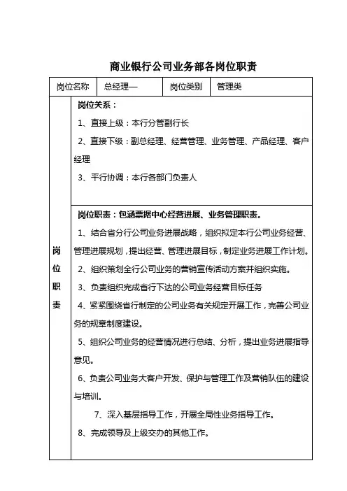 商业银行公司业务部各岗位职责
