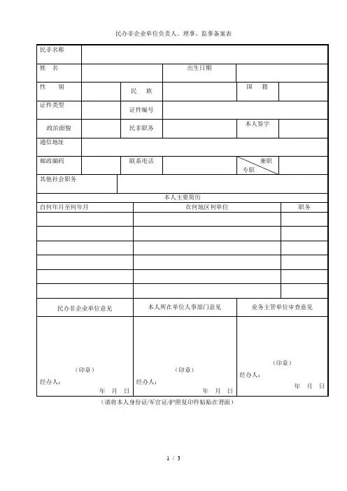 民办非企业单位负责人、理事、监事备案表