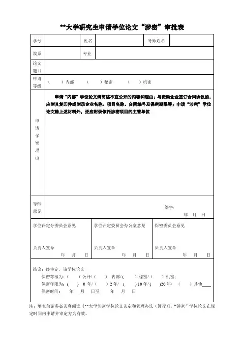 大学研究生申请学位论文“涉密”审批表