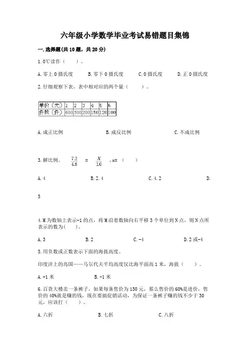六年级小学数学毕业考试易错题目集锦及参考答案【满分必刷】