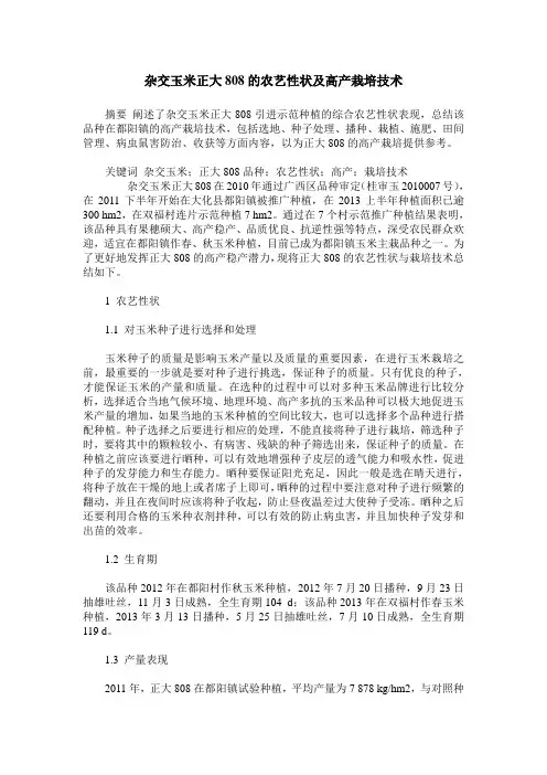 杂交玉米正大808的农艺性状及高产栽培技术