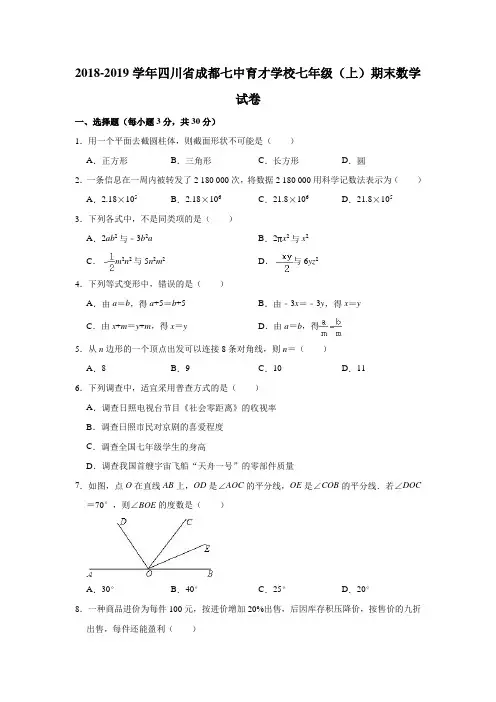 2018-2019学年四川省成都七中育才学校七年级(上)期末数学试卷(解析版)