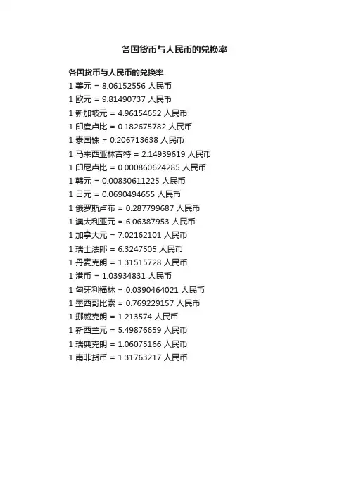 各国货币与人民币的兑换率