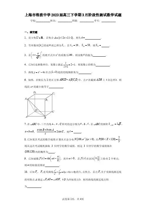 上海市格致中学2023届高三下学期3月阶段性测试数学试题(含答案解析)