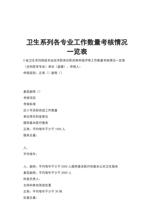 卫生系列各专业工作数量考核情况一览表