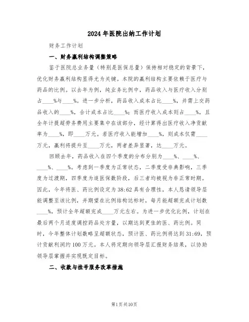 2024年医院出纳工作计划（5篇）