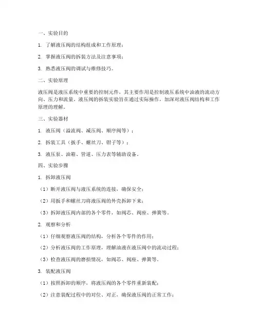 液压阀的拆装实验报告