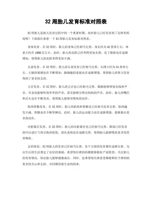 32周胎儿发育标准对照表