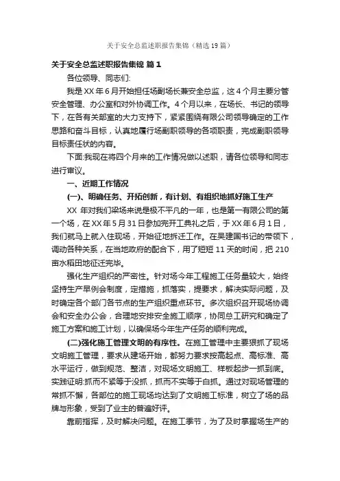 关于安全总监述职报告集锦（精选19篇）