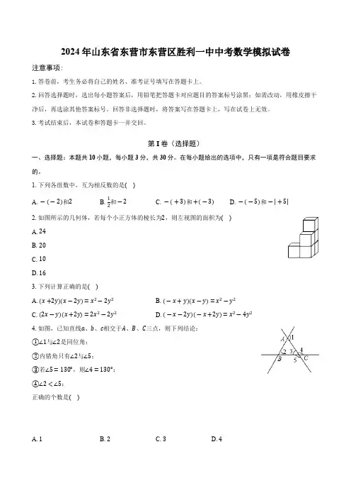 2024年山东省东营市东营区胜利第一初级中学中考模拟考试数学试卷(含解析)
