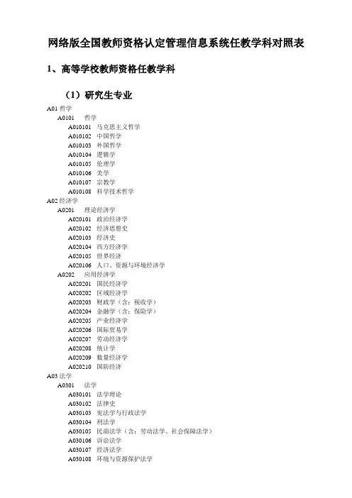 教师资格认定教学科对照表