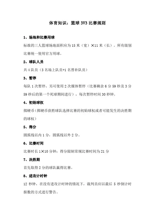 体育知识：篮球3V3比赛规则