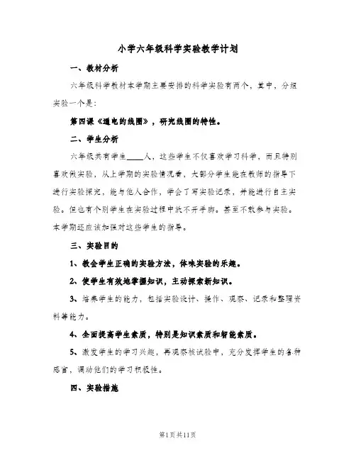 2024年小学六年级科学实验教学计划（三篇）