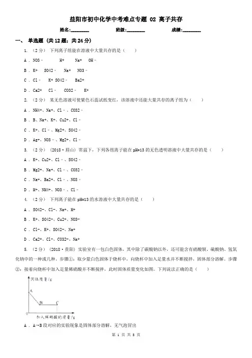 益阳市初中化学中考难点专题 02 离子共存