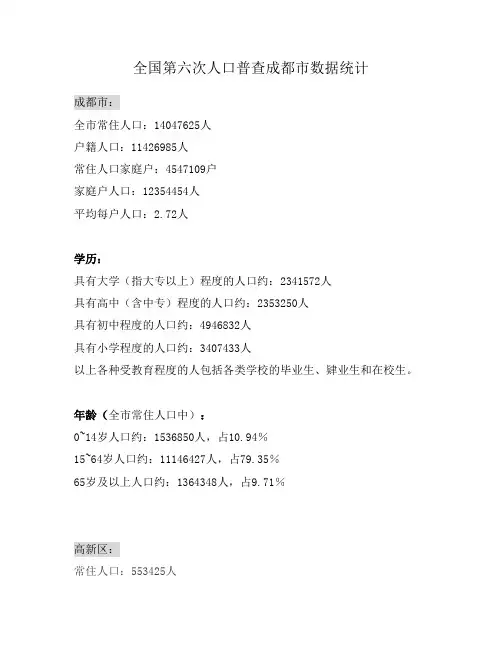 (完整版)全国第六次人口普查成都市数据统计