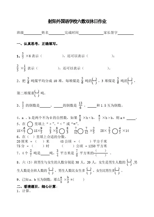六数分数乘法假期作业