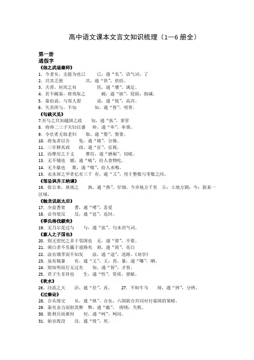 高中语文课本文言文知识梳理大全(1—6册全)