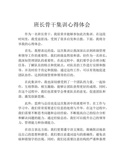 班长骨干集训心得体会